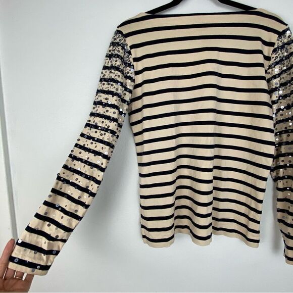 J Crew Cream & Black Striped Sequined Top Coastal Grandma Nautical Preppy Small - Picture 7 of 12